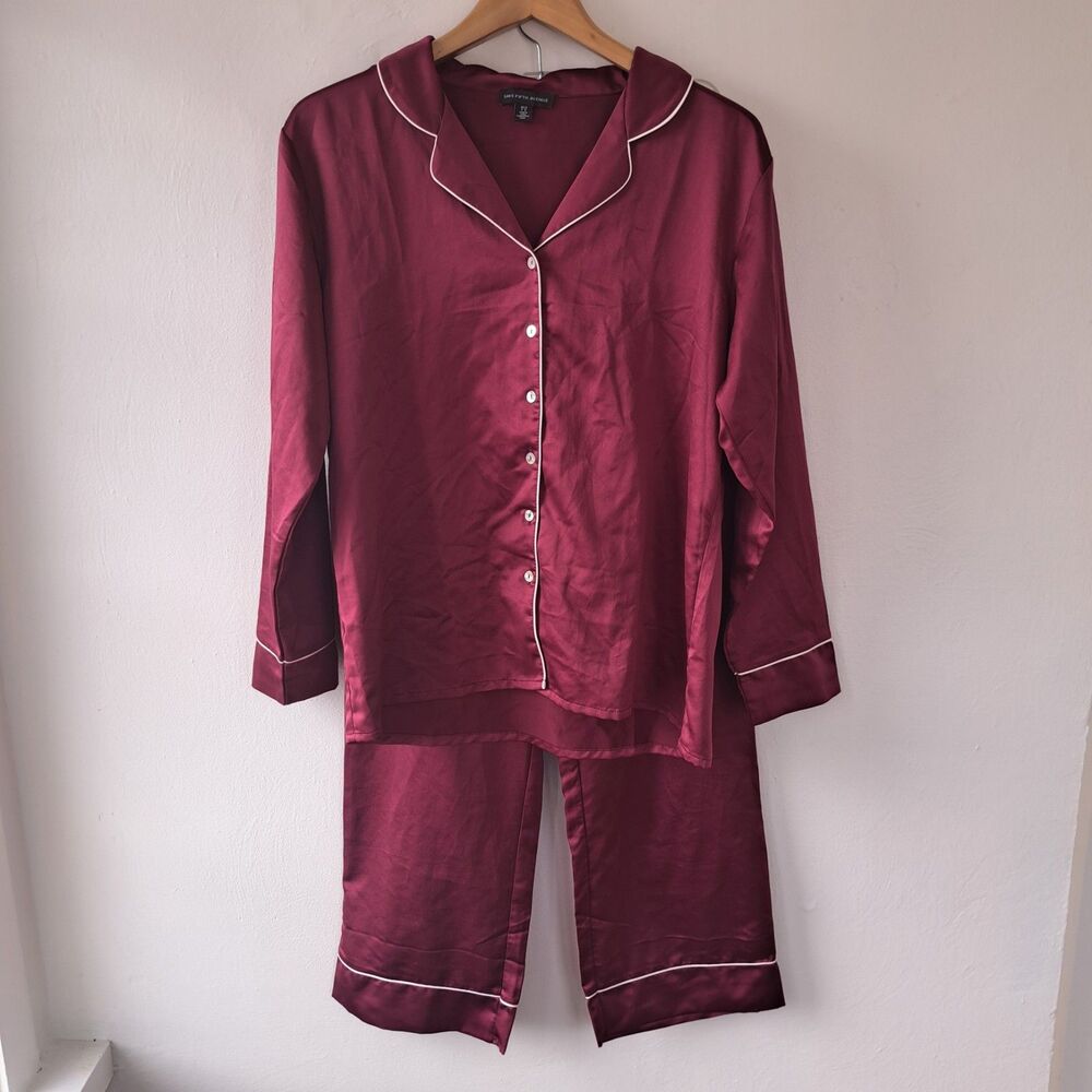 Saks Fifth Avenue 2pc Satin Pajama Set Womens Burgundy Long Sleeve Large Pjs